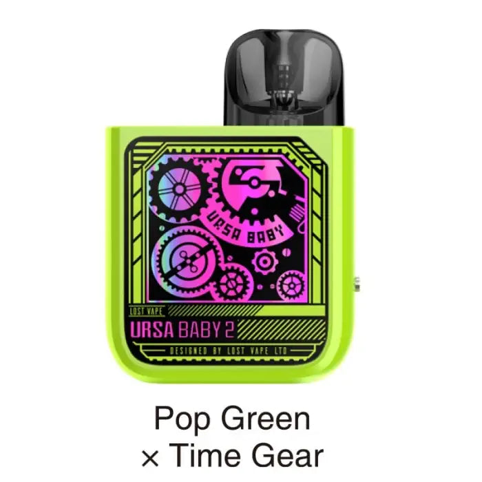 Neon green vape device with colorful time-themed graphics on its front panel.