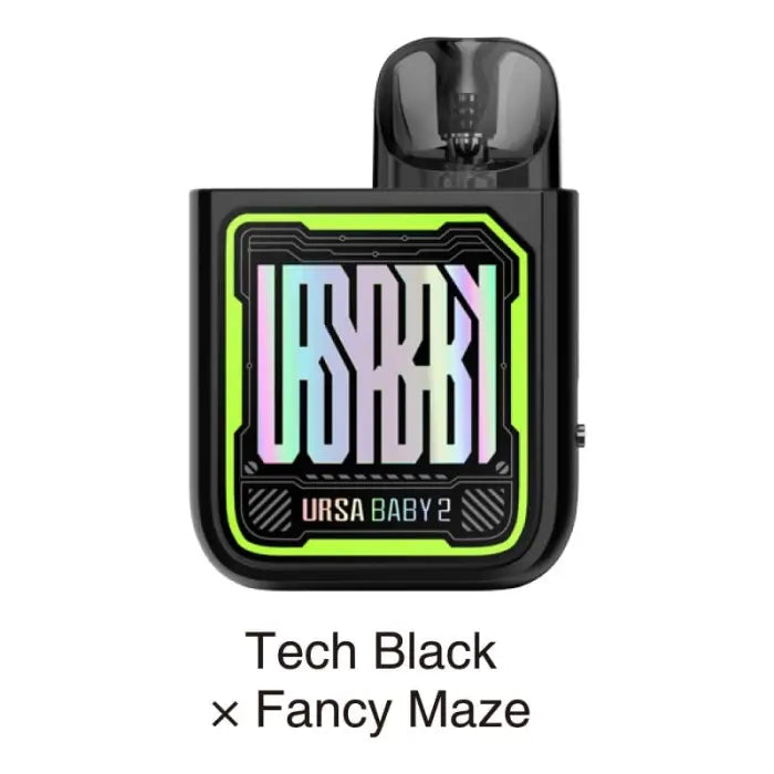 Vape pod device with a colorful display showing ’USBBB’ and ’URSA BABY 2’’ text.