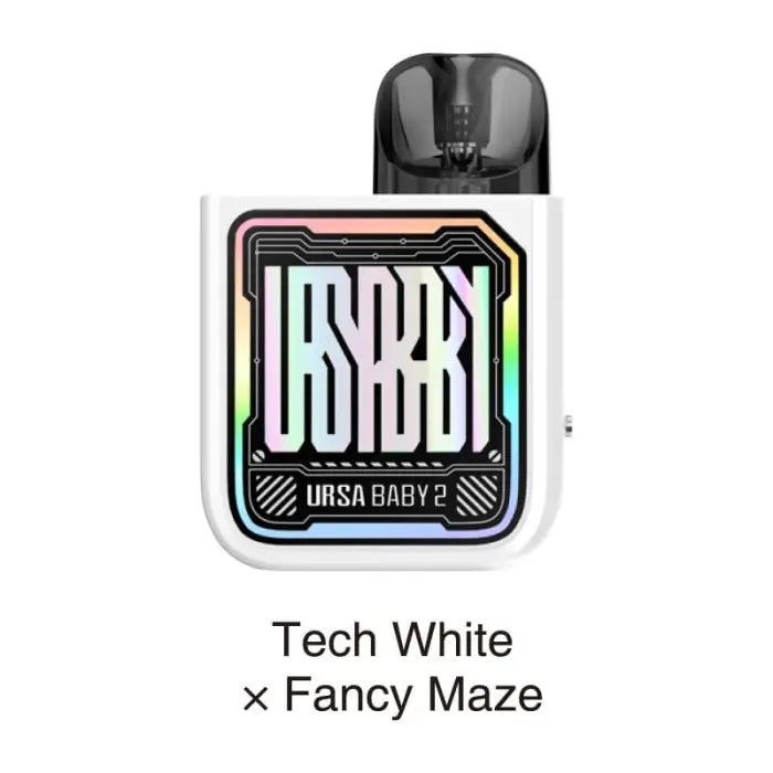 Vape pod device with a colorful, maze-like ’USBBB’ logo on a white body.