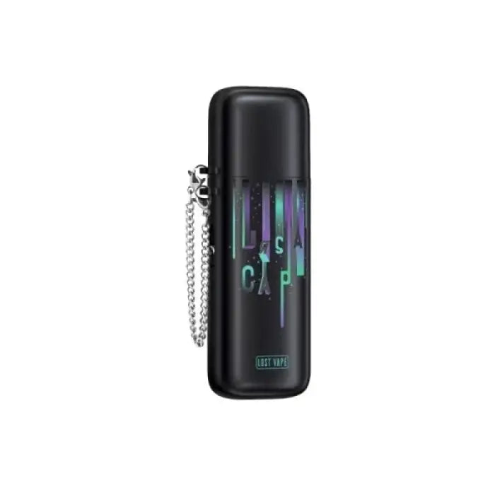 Black cylindrical electronic device with a chain and colorful text display.