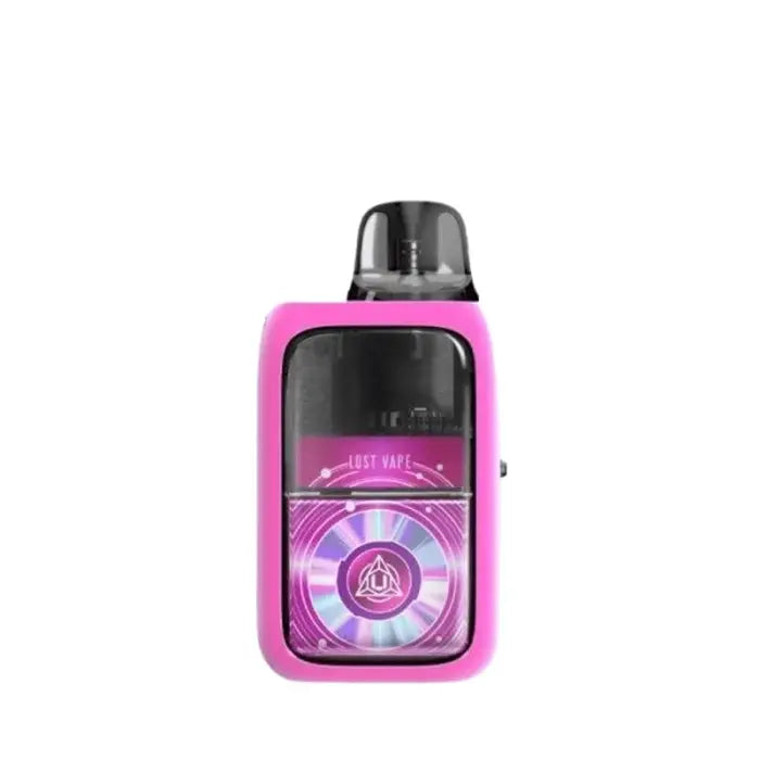 Pink and black electronic vaping device with a circular display screen.