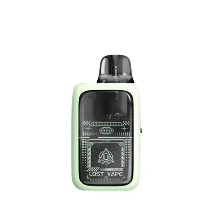 Compact electronic vaping device with a light green body and black display screen.