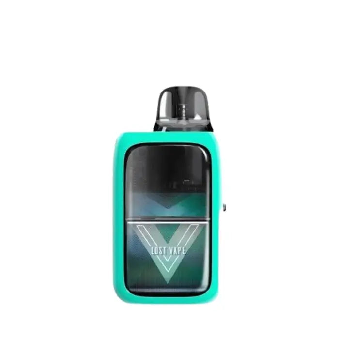 Teal and black electronic vaping device with a triangular logo on its display screen.