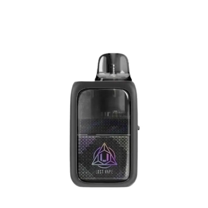 Compact black electronic vaping device with a purple triangular logo.