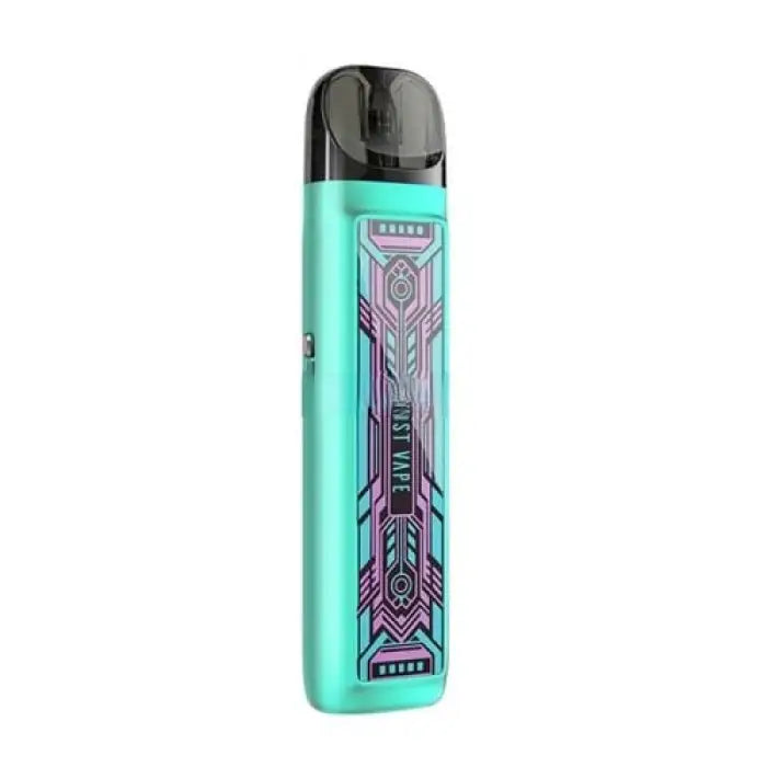 Teal-colored electronic vaping device with a purple geometric design on its body.