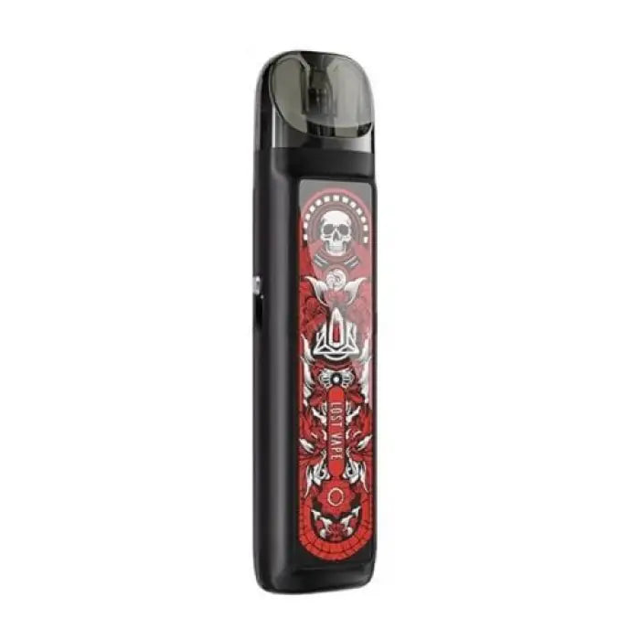 Vape device with a red and black skull-themed design on its body.