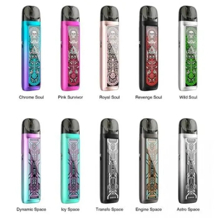 Colorful electronic vaping devices with decorative patterns displayed in two rows.