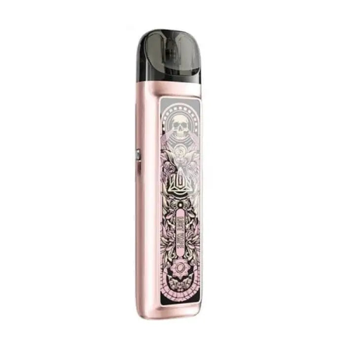 Sleek electronic vaping device with ornate skull and floral design in rose gold color.