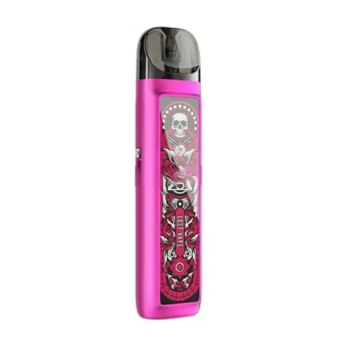 Pink electronic vaping device with skull and floral design graphics.