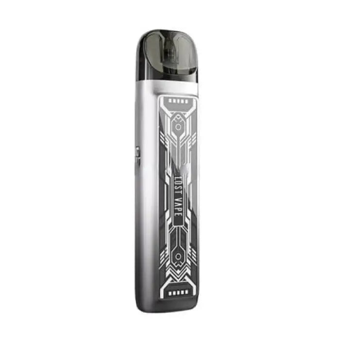 Sleek electronic vaping device with a futuristic circuit-like pattern on its metallic body.