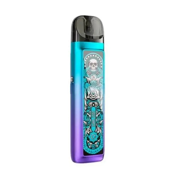 Colorful vape pen with a skull and floral design on its body.