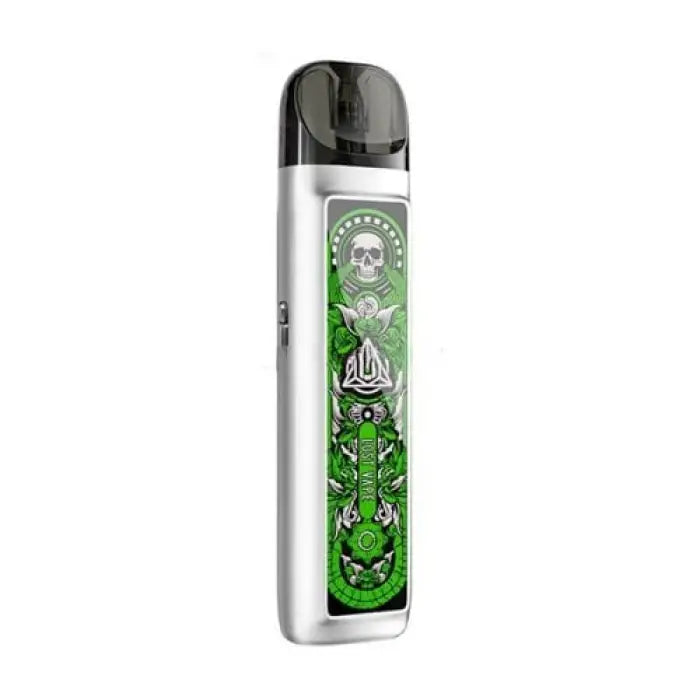 Vape device with a green skull and floral design on its body.