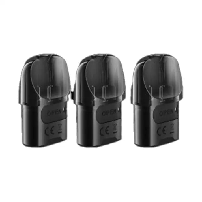 Three identical black vape pods or e-cigarette cartridges.