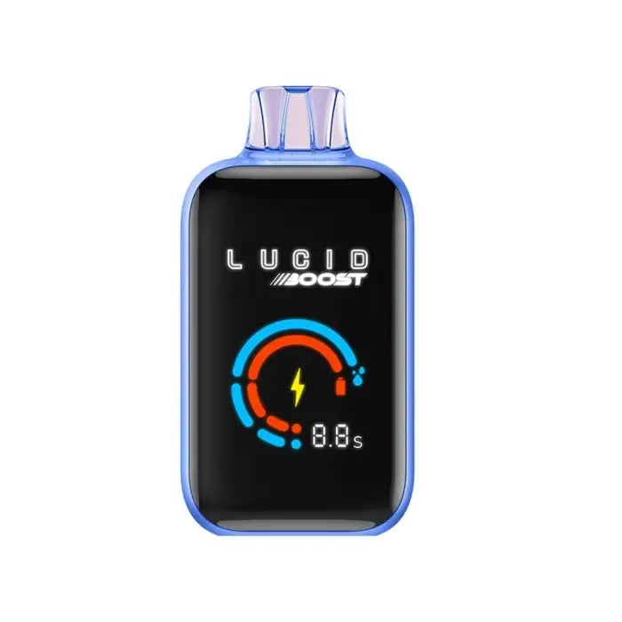 Portable electronic device with a digital display showing ’LUCID BOOST’ and a colorful gauge-like graphic.