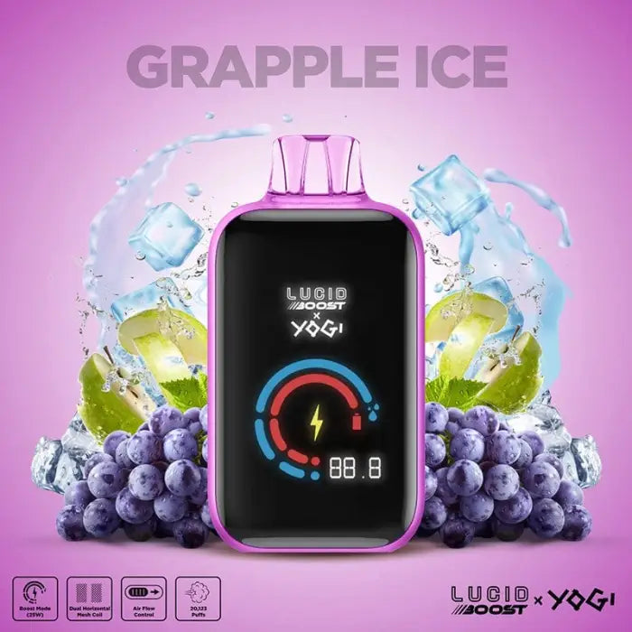 Pink electronic device with a digital display screen surrounded by ice cubes, grapes, and lime slices.