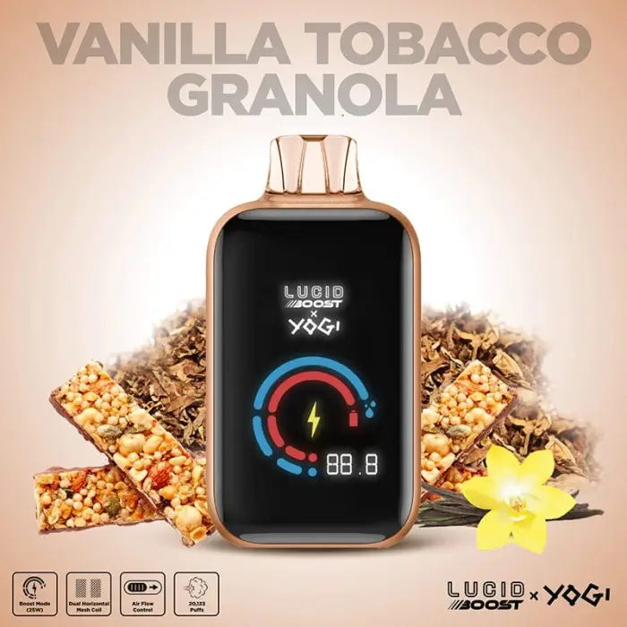 Electronic vaping device with a color display screen surrounded by granola and tobacco elements.