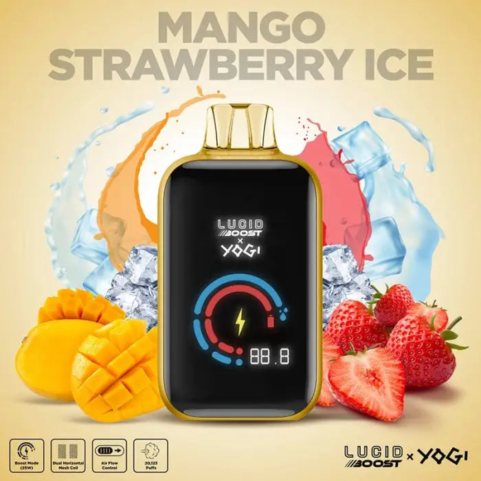 Electronic vaping device with a digital display screen surrounded by mango and strawberry fruits and ice cubes.