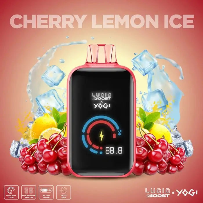 Electronic vaping device with a digital display screen surrounded by cherries, lemons, and ice cubes.