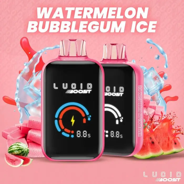 Two black electronic devices with digital displays, labeled ’LUCID BOOST’ and surrounded by watermelon and bubblegum imagery.