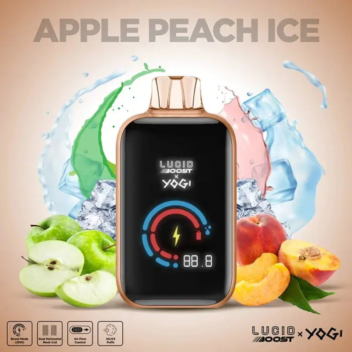 Electronic vaping device with a digital display screen surrounded by fruit imagery.