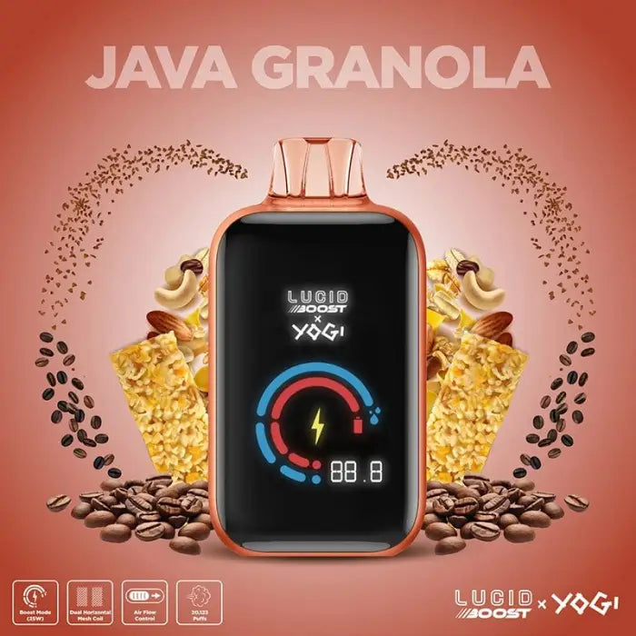 Smartwatch or fitness tracker device displaying a colorful screen, surrounded by coffee beans and granola ingredients.