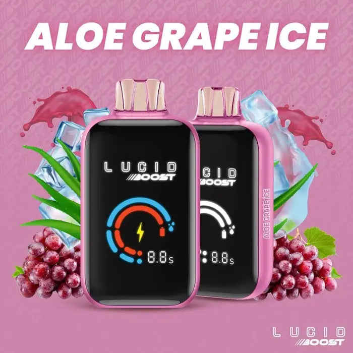 Pink electronic vaping device with a digital display showing ’LUCID’ branding.