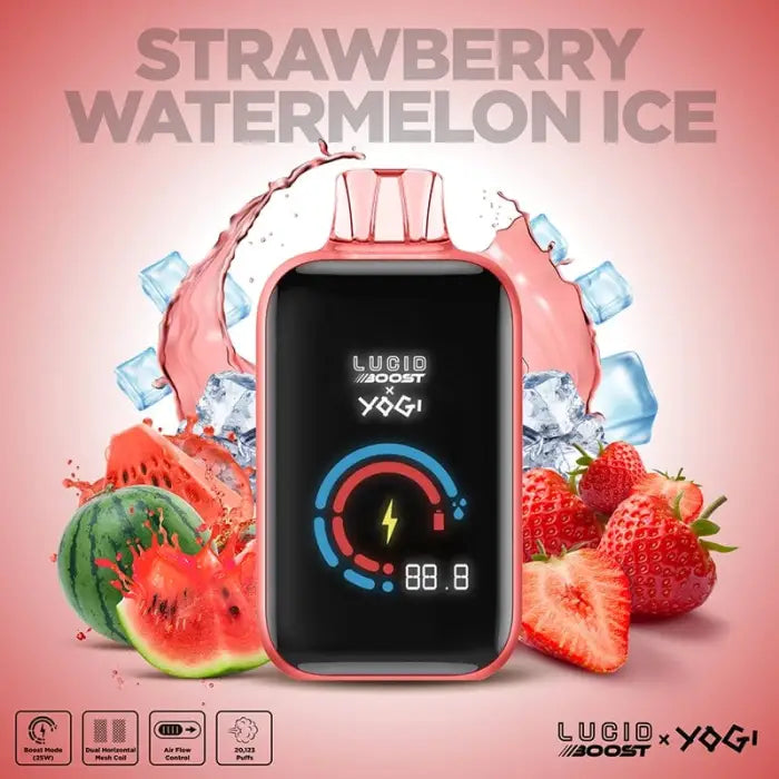 Electronic vaping device with a digital display screen surrounded by strawberries, watermelon slices, and ice cubes.