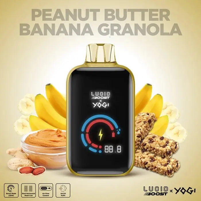 Electronic vaping device with a color display screen, surrounded by peanut butter, bananas, and granola ingredients.