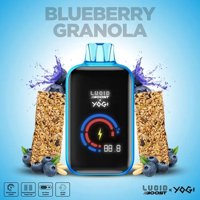 Electronic vaping device with a digital display screen, surrounded by blueberries and granola.