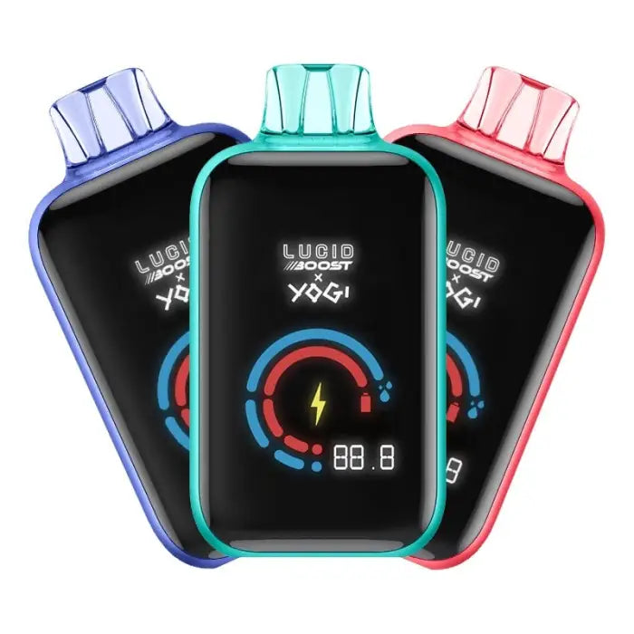 Colorful electronic vaping devices with digital displays showing battery levels and settings.