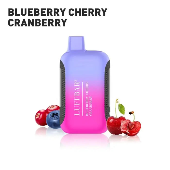 Gradient-colored bottle labeled ’Blueberry Cherry Cranberry’ with fruit illustrations beside it.