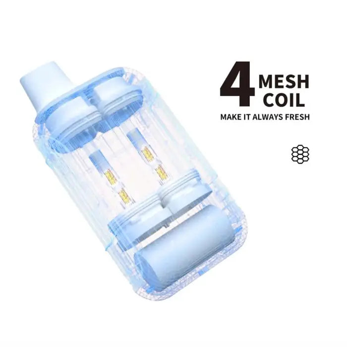 Transparent vaping device or e-cigarette pod with visible internal components and ’4 MESH COIL’ text.