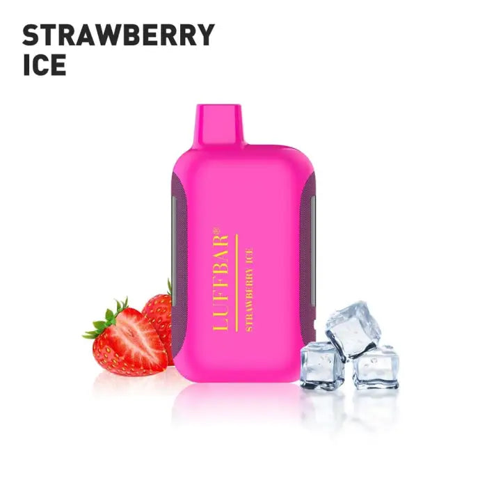 Bright pink bottle labeled ’STRAWBERRY ICE’ with gold text.