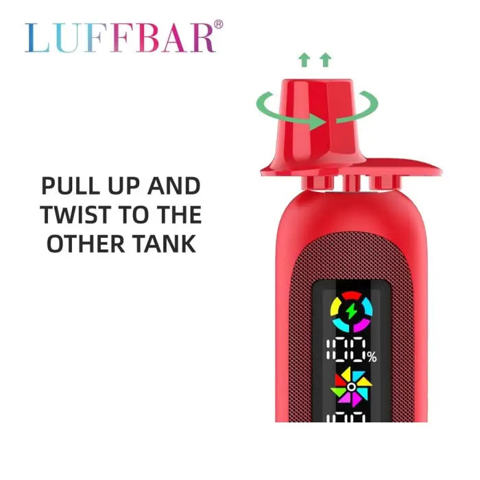 Red electronic water bottle with a digital display and twistable top section.