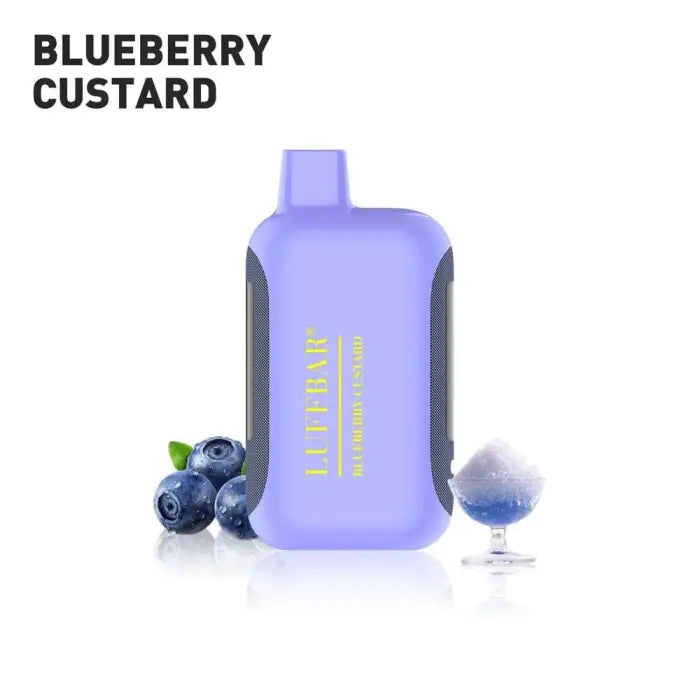 Purple bottle-shaped container labeled ’Blueberry Custard’ with gold text.