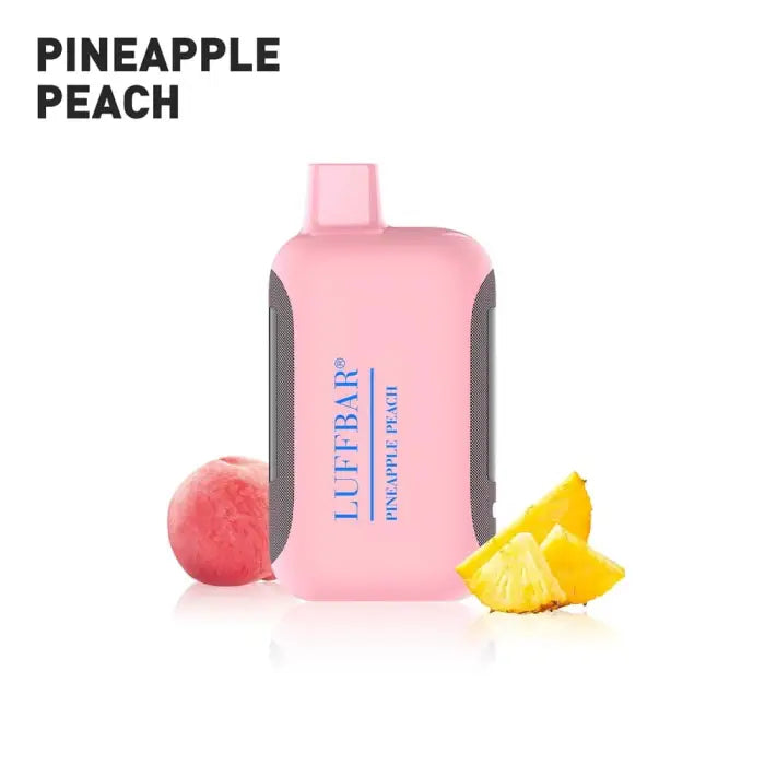 Pink bottle labeled ’Lifebarf’ with ’Pineapple Peach’ text above it, accompanied by a peach and pineapple slice.