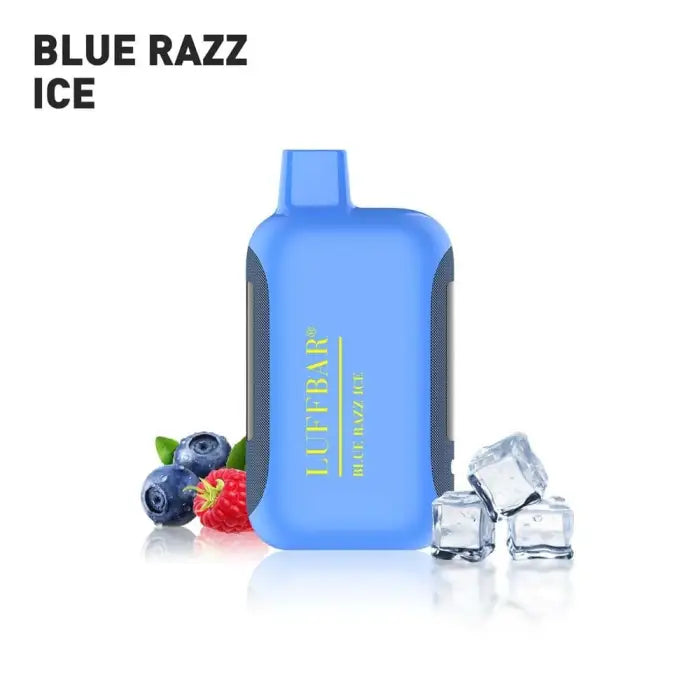 Blue plastic flask-shaped bottle labeled ’ULTRA’ with ’Blue Razz Ice’ text above it.