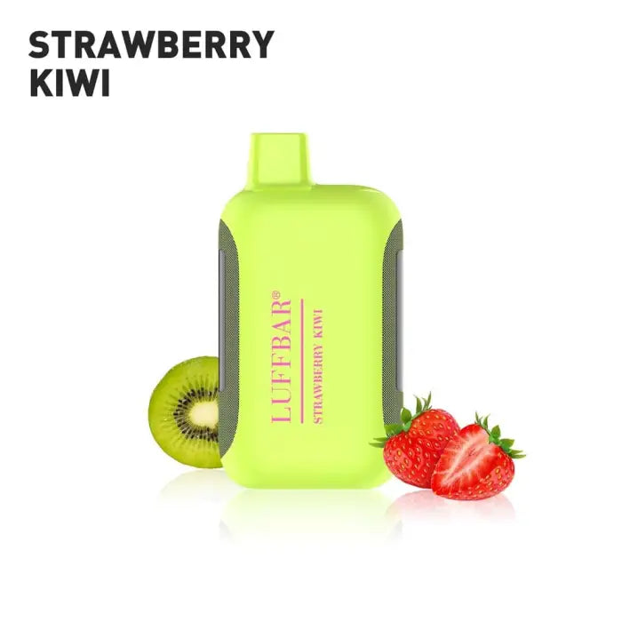 Bright green bottle labeled ’Strawberry Kiwi’ with fruit images beside it.