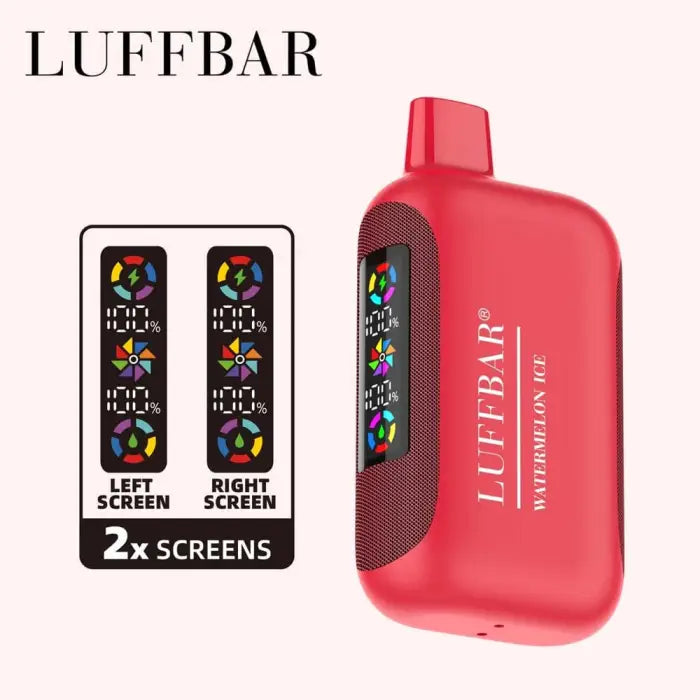 Red electronic vaping device with dual digital screens displaying colorful icons.