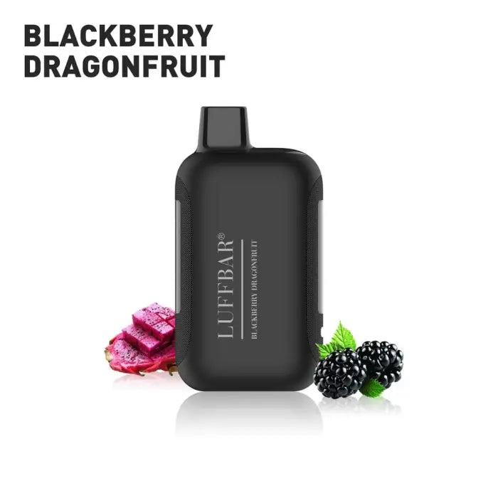 Black rectangular vaping device with ’BLACKBERRY DRAGONFRUIT’ flavor text and fruit illustrations.