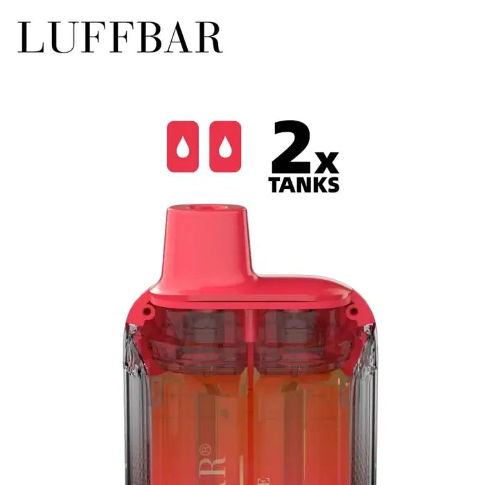 Red vaping device or e-cigarette with transparent tank showing orange liquid inside.