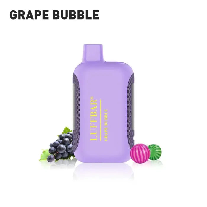 Purple bottle labeled ’Grape Bubble’ with fruit illustrations beside it.