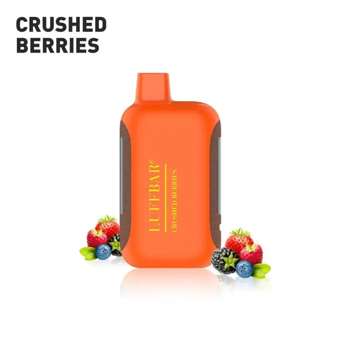 Orange plastic bottle with ’LUTRAVI’ printed on it, surrounded by fresh berries.