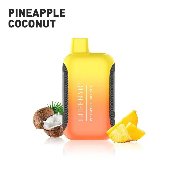 Yellow and orange gradient bottle labeled ’Pineapple Coconut’ with fruit images beside it.