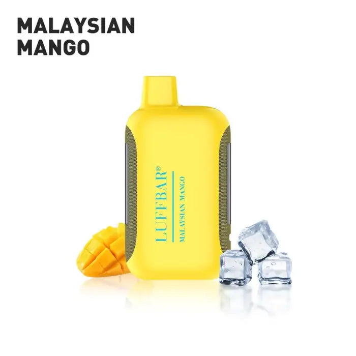 Yellow bottle labeled ’Malaysian Mango’ with a mango and ice cubes beside it.