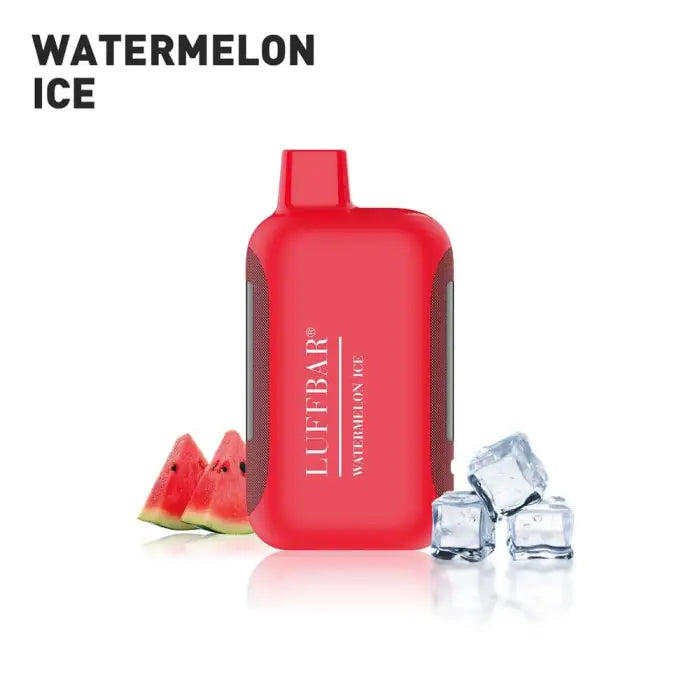 Red bottle-shaped container labeled ’LUTBAR’ with ’WATERMELON ICE’ text above it.