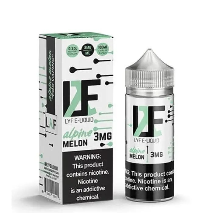 E-liquid bottle and packaging for LYF E-LIQUID in melon flavor with 3mg nicotine strength.