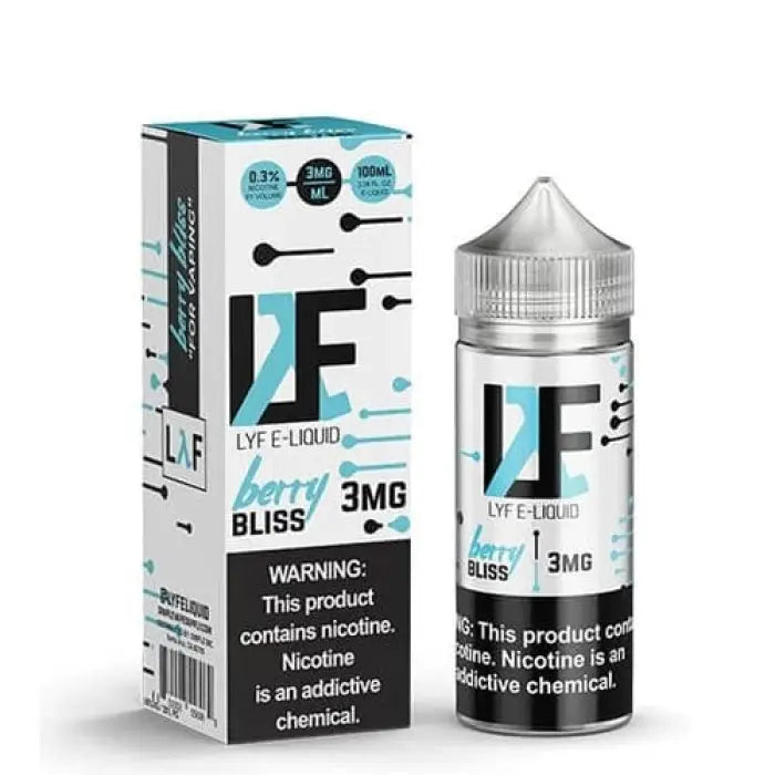 E-liquid bottle and packaging for a vaping product called ’LYF E-LIQUID BLISS’ with 3mg nicotine strength.