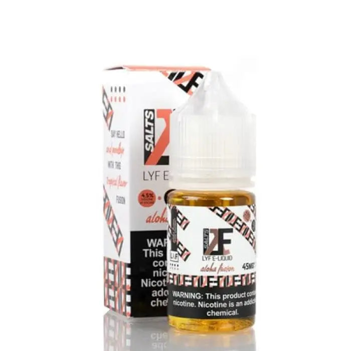 Bottle of e-liquid or vape juice labeled ’LYF-E’ with warning text and packaging.