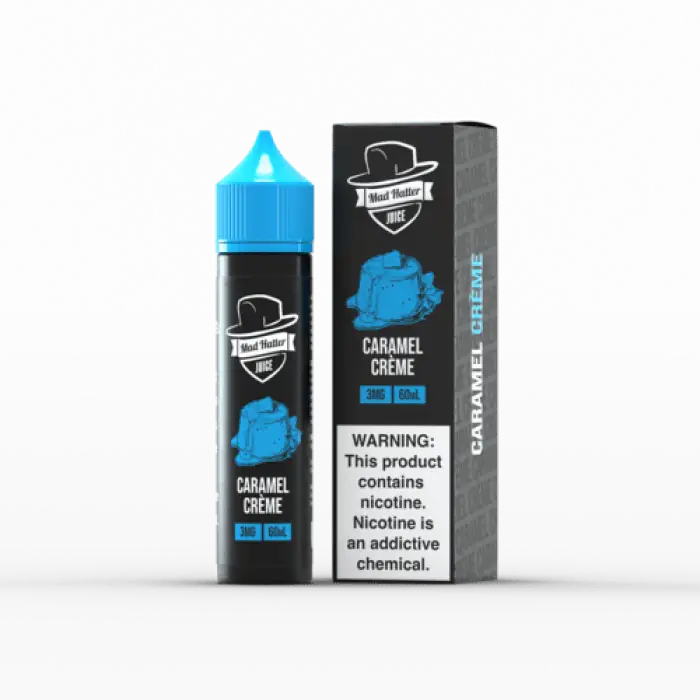 E-liquid bottle for vaping with a caramel creme flavor and nicotine warning label.